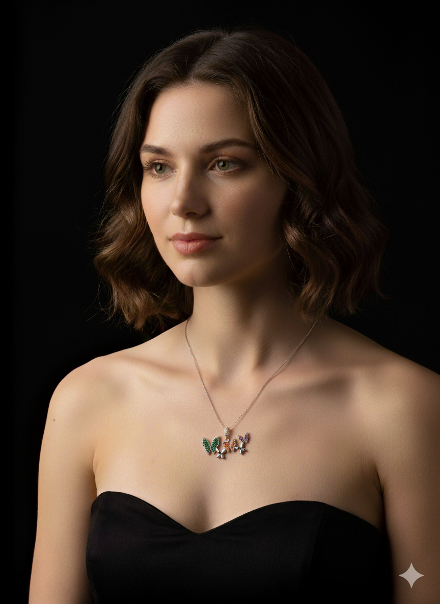 “Silver Butterflies” Beş Kelebek Detaylı Paslanmaz Çelik Kolye Habos Store