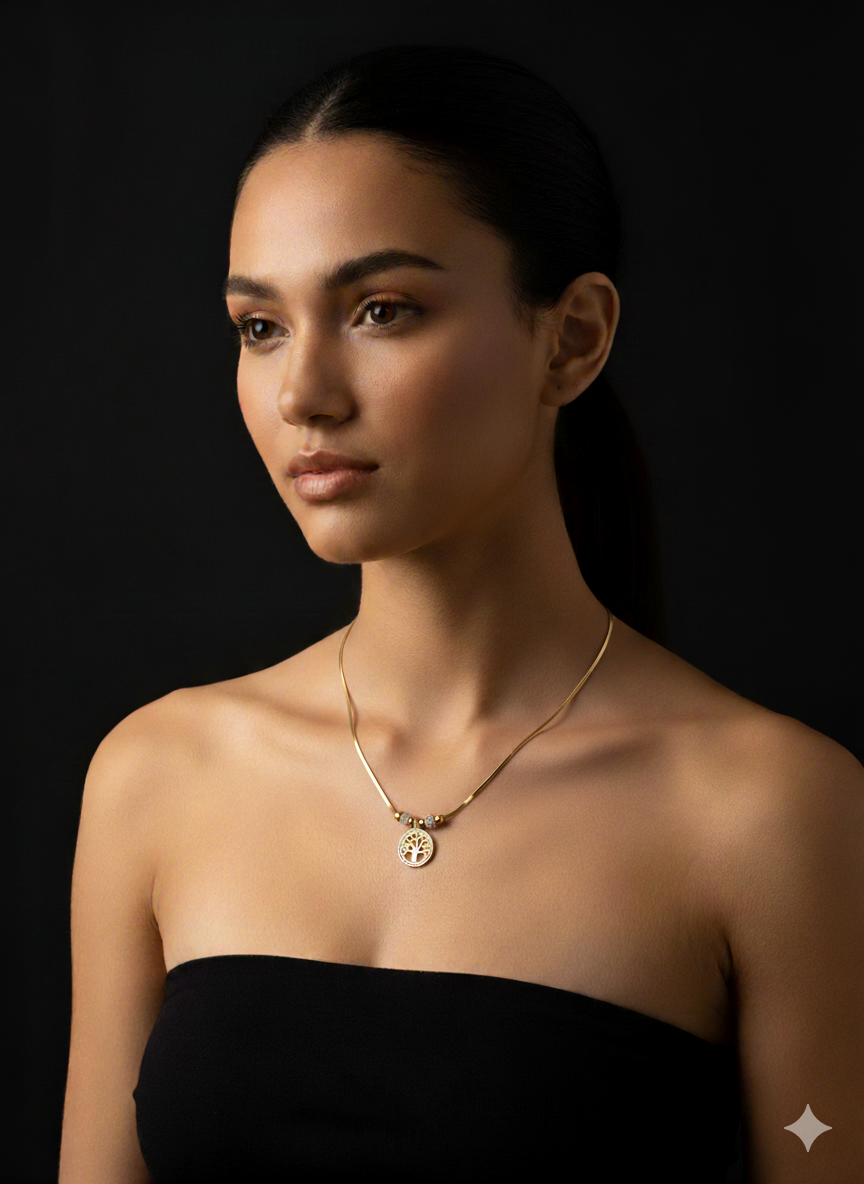 “Golden Tree” Ağac Desenli ve Boncuk Detaylı Paslanmaz Çelik Kolye Habos Store