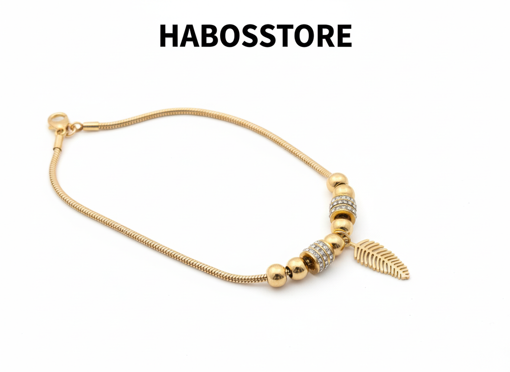 “Golden Leaf” Işıltılı Altın Renkli Yaprak ve Boncuk Detaylı Paslanmaz Çelik Kolye Habos Store