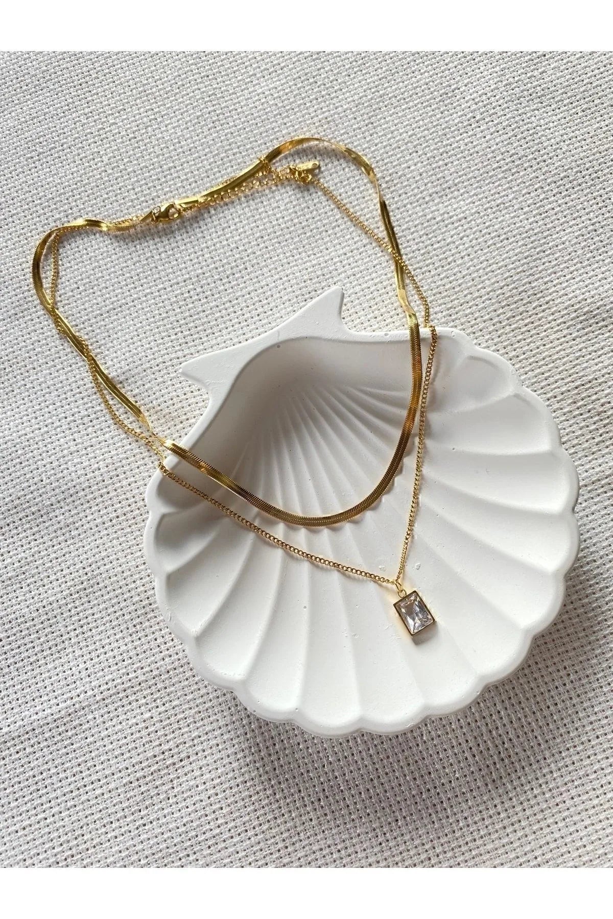 “Golden Duo” İki Katmanlı Taşlı Altın Renkli Kolye Habos Store