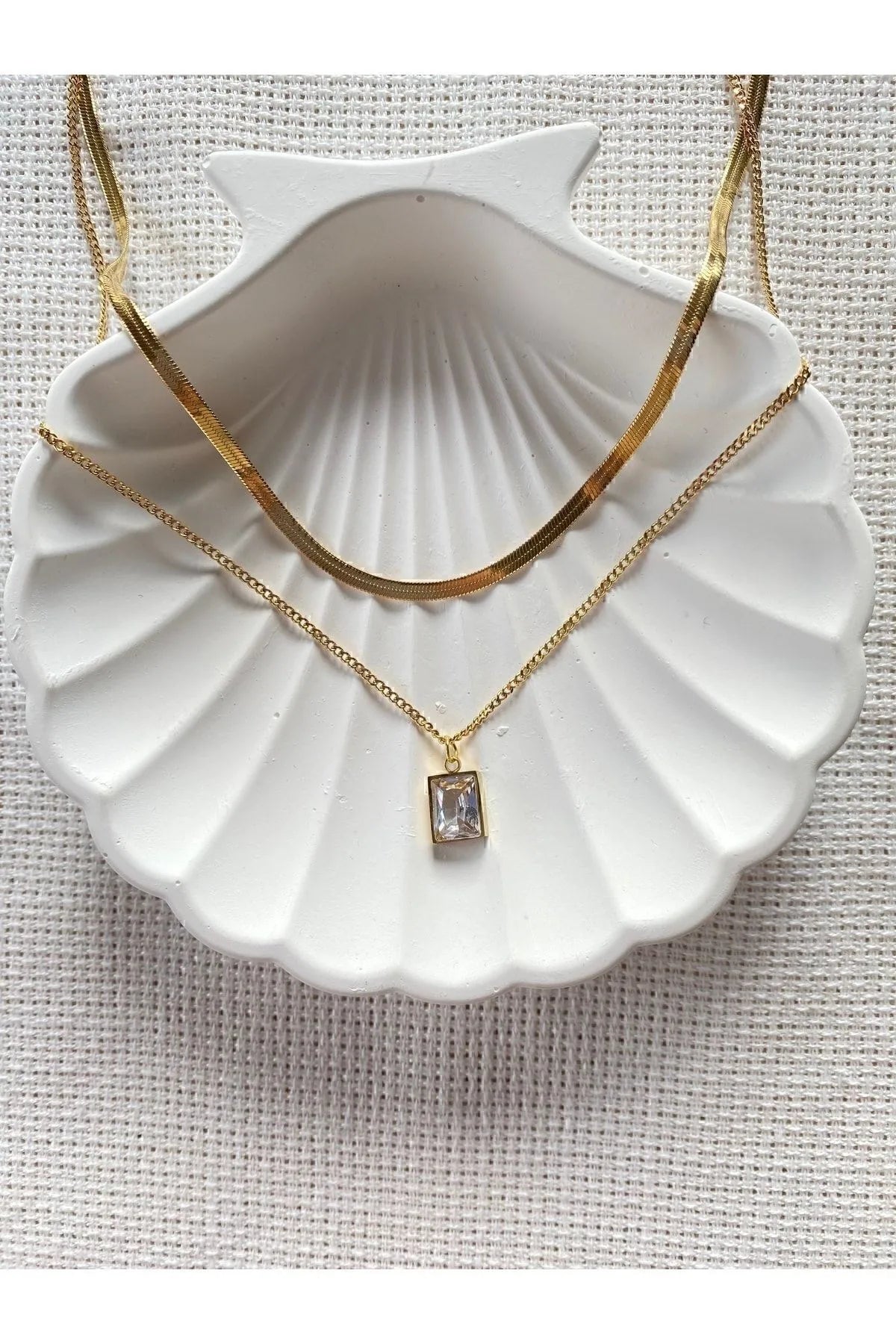 “Golden Duo” İki Katmanlı Taşlı Altın Renkli Kolye Habos Store