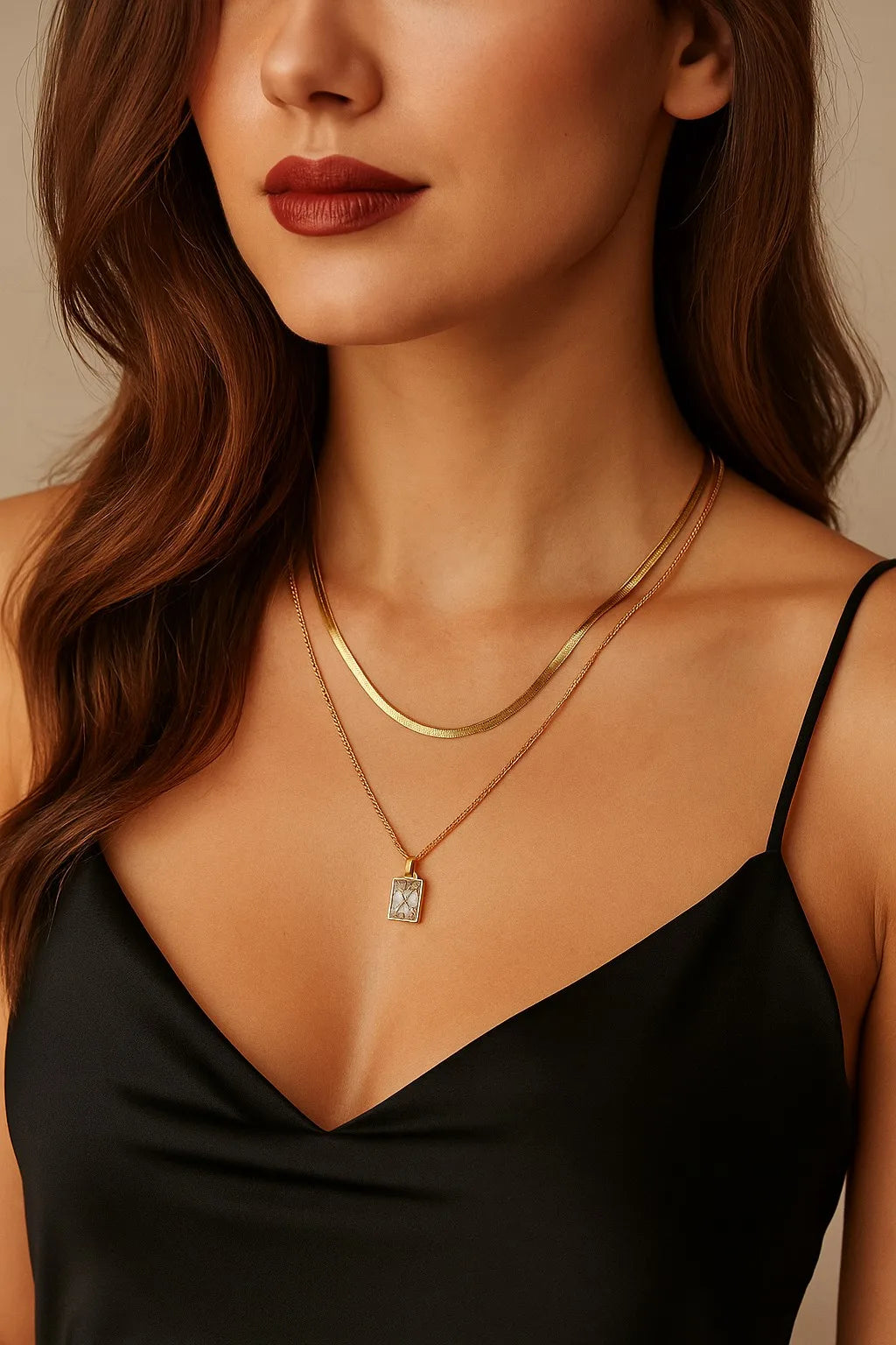 “Golden Duo” İki Katmanlı Taşlı Altın Renkli Kolye Habos Store