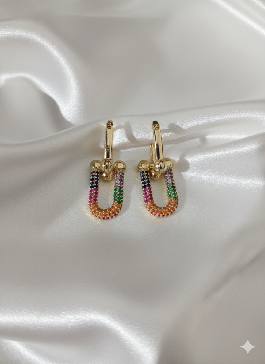 “Golden Rainbow” Renkli Taşlı Altın Kaplama Kadın Küpe Habos Store